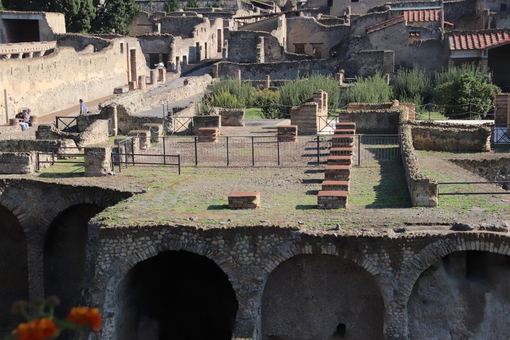 III.1/2/18/19, Herculaneum, October 2022. 
Looking north from access roadway towards southern large terrace (room 22) with remains of collapsed massive square pilasters.
Photo courtesy of Klaus Heese.